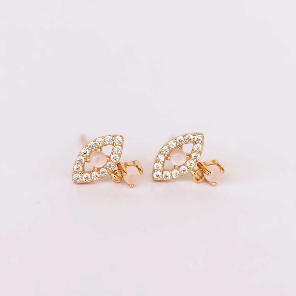 JaxKelly *Waterproof* Evil Eye Drop - Rose Quartz & CZ - Gold Earrings
